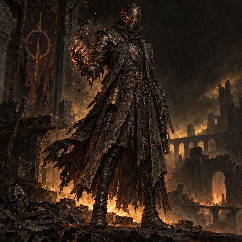 Cinderwright concept art: a forge-sorcerer in cracked blackened plate with amber cracks