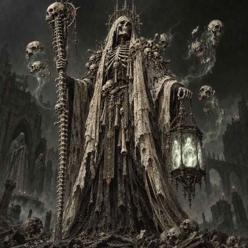 Ossuary concept art: a skeletal necromancer in funerary rags with a vertebra staff and a lantern of souls