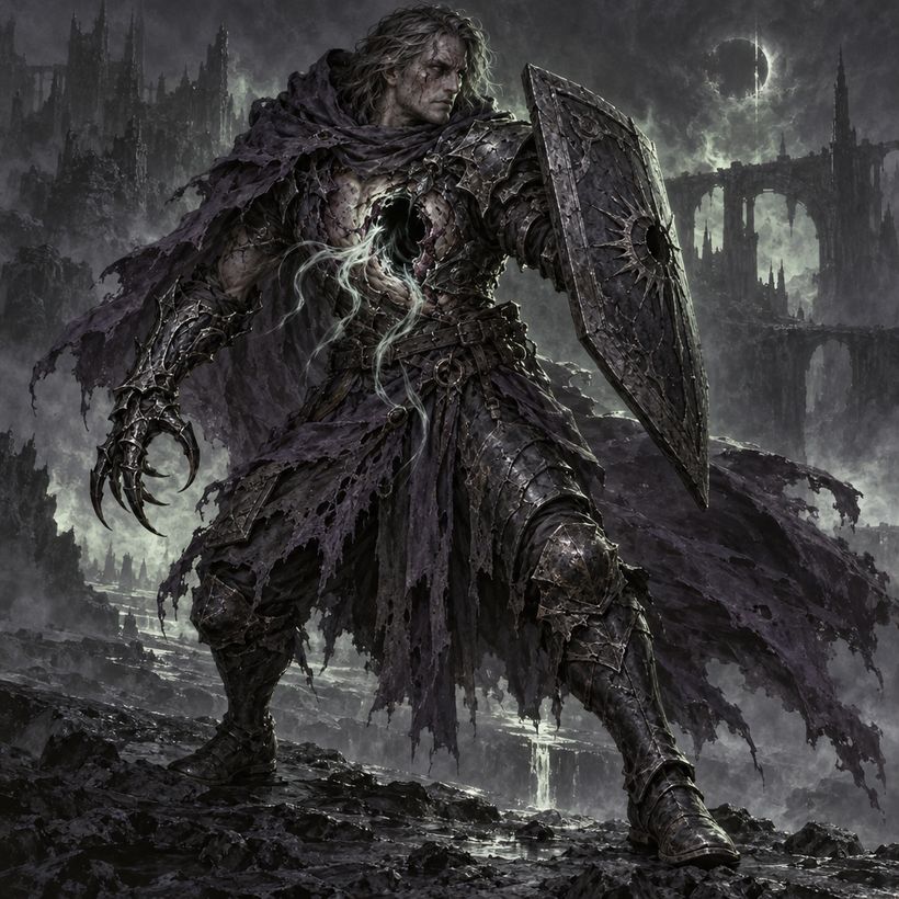 Riftbound concept art: a scarred warrior with a living void tear in the chest and a clawed gauntlet