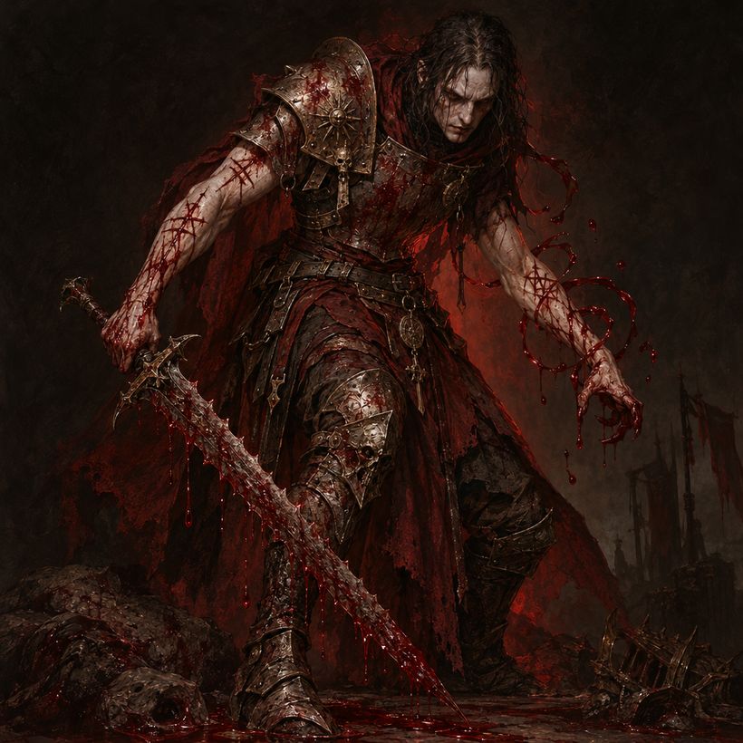 Sanguine concept art: a blood-knight in crimson half plate with a dripping serrated blade